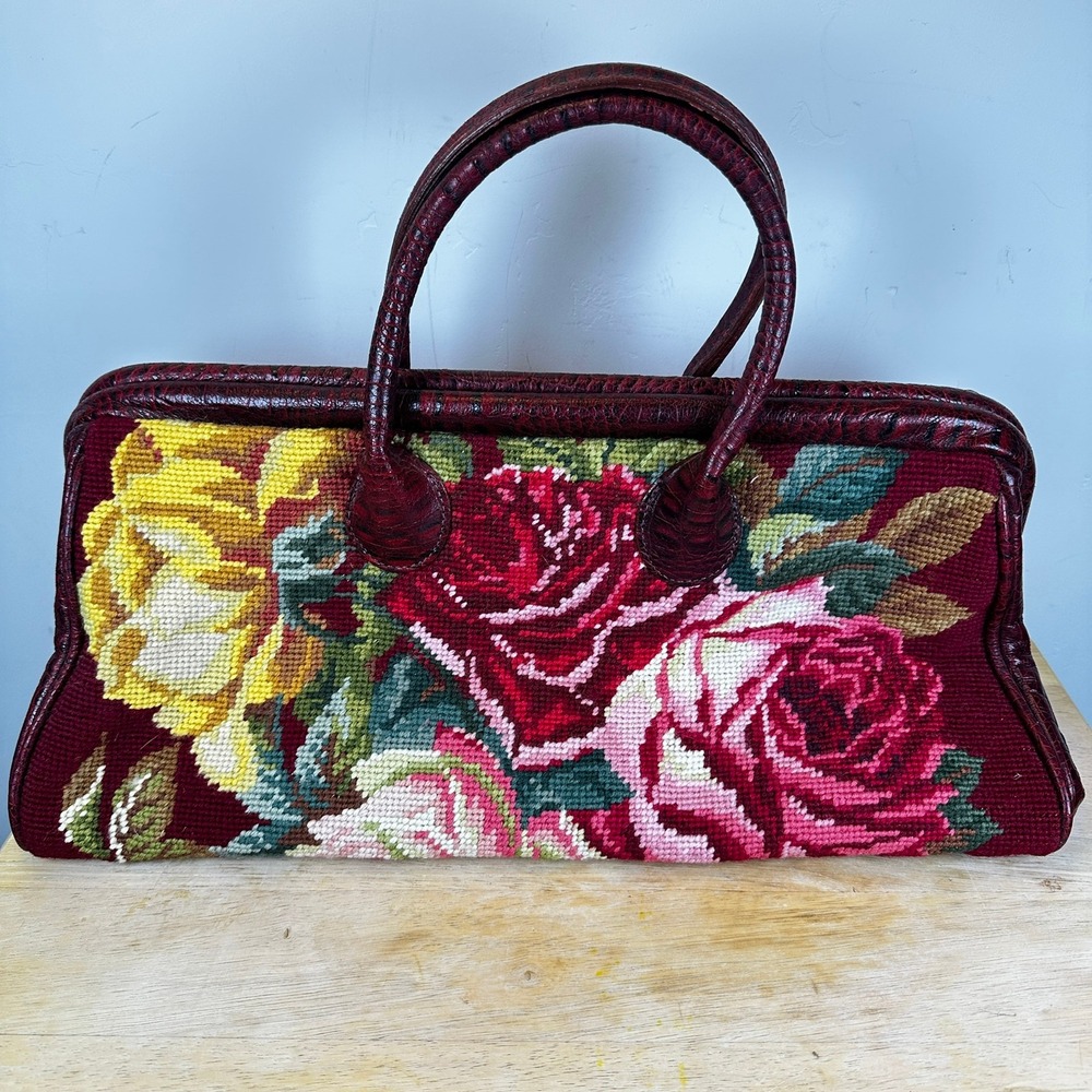 Clever Carriage Company Cabbage Rose Needlepoint Dr Doctor Bag Satchel Red